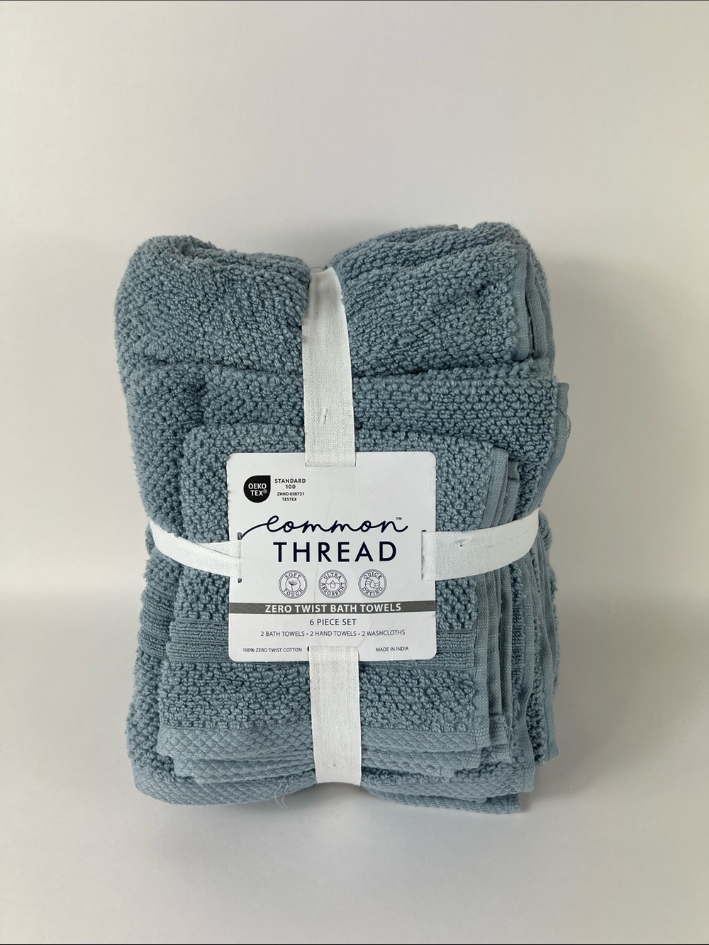 Common Thread Bath Towel Set Steel Blue Soft Zero Twist Cotton 6 Pc NEW